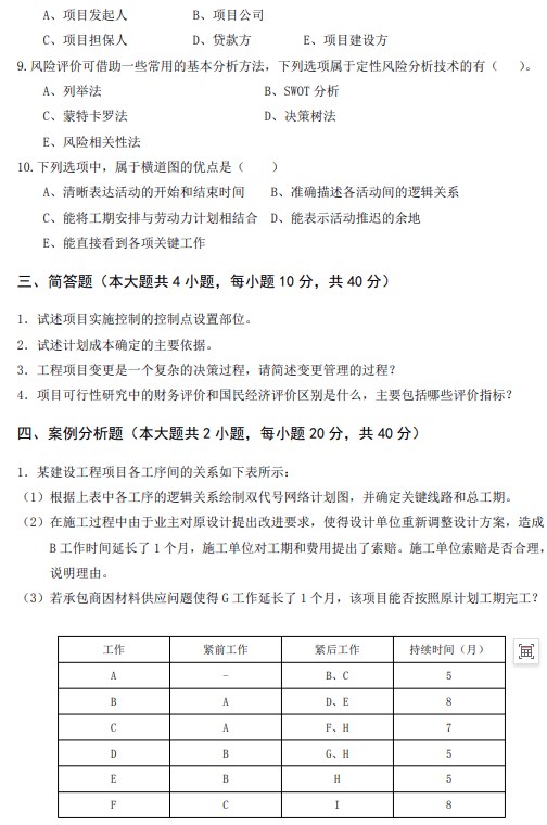 武汉工程大学2022年考研真题：826工程项目管理